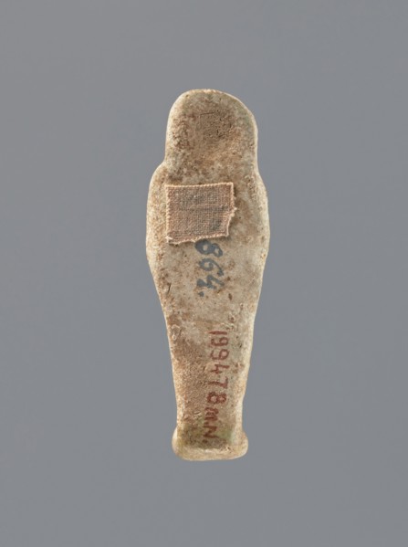 Shabti, mummy-shaped figurine, funerary gift, hoes; standing on a base with back supported by a