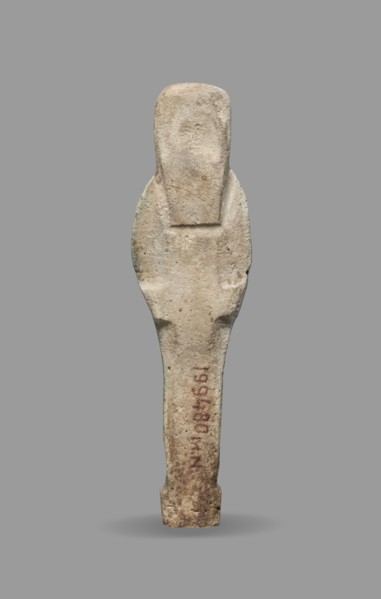 Ushabti, Mummy-shaped funerary figurine standing on a base, the back supported by a flat pillar.