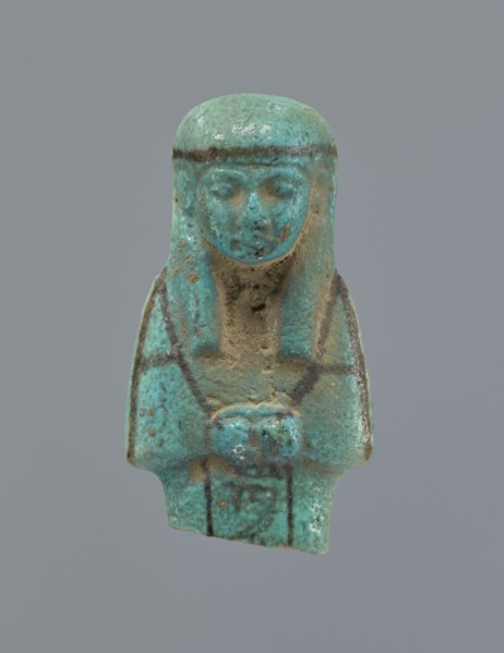 Ushabti, Mummy-shaped figurine, preserved upper fragment from the waist up. Arms crossed on the