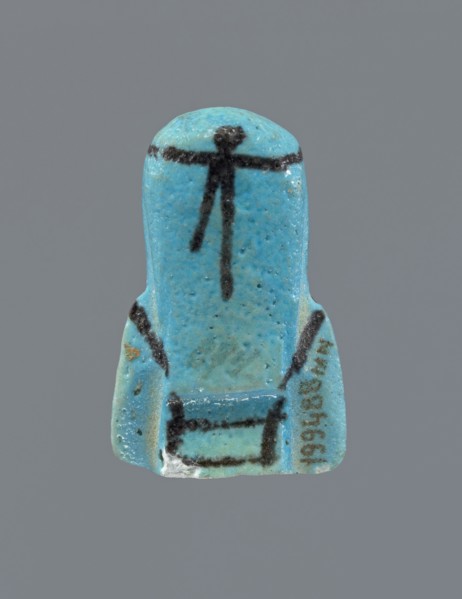 Ushabti, Mummy-shaped figurine, preserved head and fragment of torso. Arms crossed on the chest,