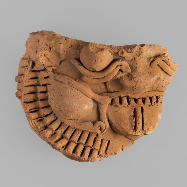 Mask of the god Bes — fragment of a vessel;, Bes myth., Egyptian deity; Egyptian art; 1st–2nd