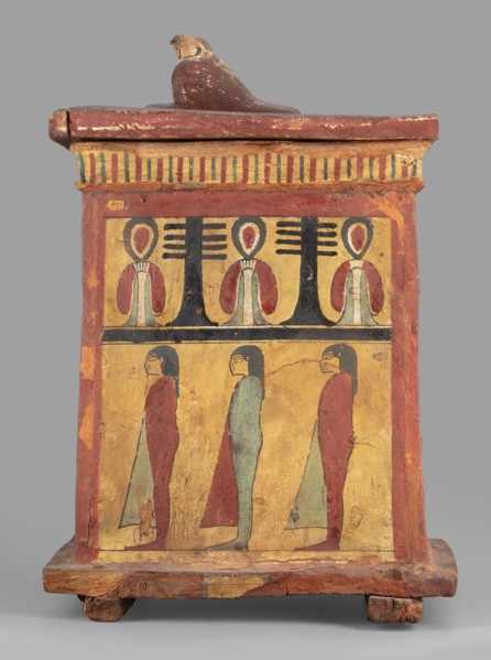 Canopic box with the falcon Sokaris on the roof;, falcons, djed pillars, tit iconography; naos;