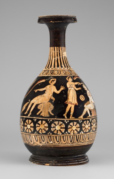 Red-figure bottle with a scene of the punishment of Marsyas, 330–310 BC. Greek pottery bottle