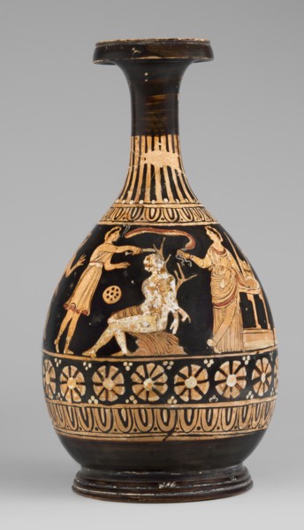 Red-figure bottle vessel depicting the punishment of Marsyas, attributed to Scen.Gal.Klass., Greek