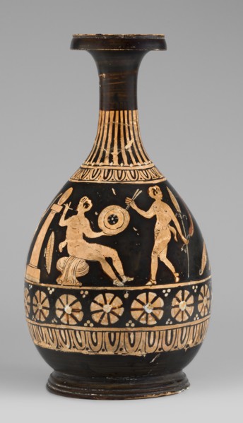 Red-figure bottle with a scene of the punishment of Marsyas, red-figure Greek pottery, 330–310 BC.