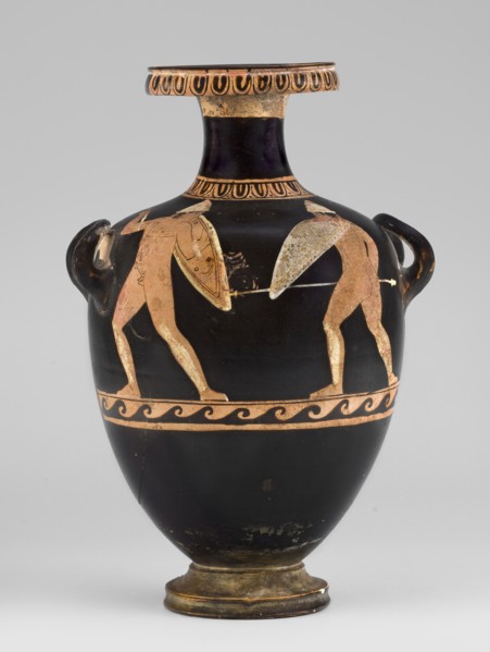 Red-figure hydria with a combat scene, Laghetto-Caivano Group c. 340–320 BC, Duel Painter 340–330