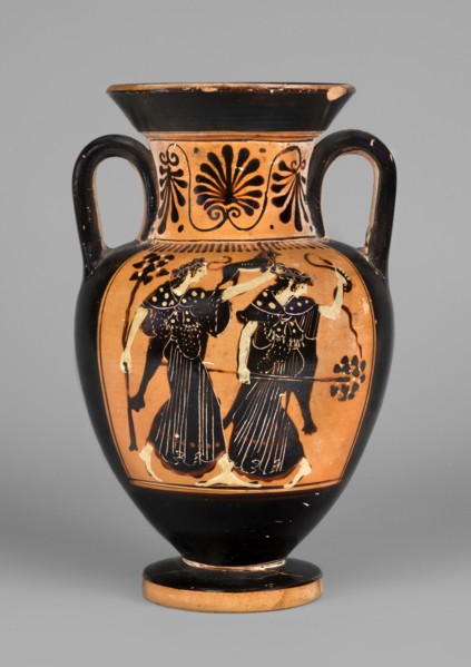 Black-figure neck amphora with a depiction of dancing maenads, The Diosphos Painter ca. 500–475 BC.