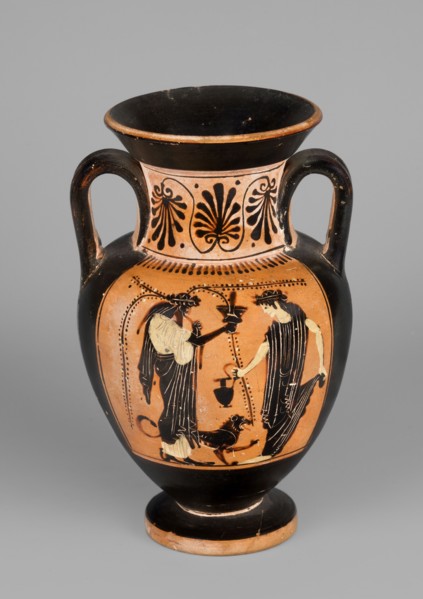 Black-figure neck amphora with a depiction of dancing maenads, The Diosphos Painter 500–475 BC.