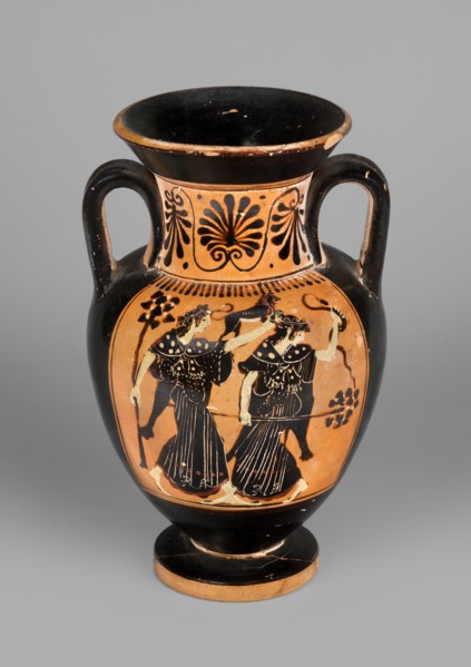 Black-figure neck amphora with a depiction of dancing maenads, The Diosphos Painter ca. 500–475 BC.