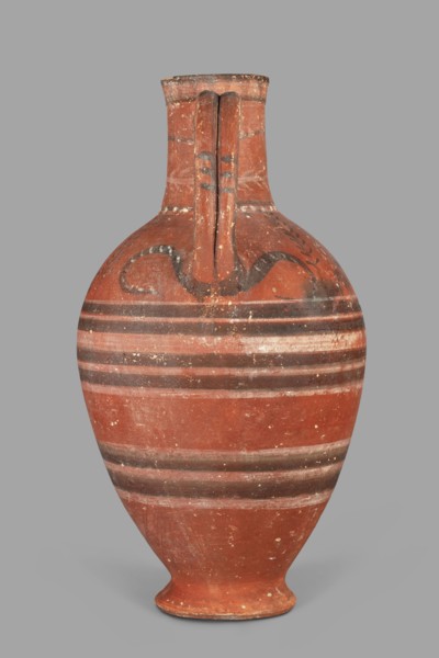 Jug with a figurine of a woman with a jug. Cypriot pottery, female figurine applique. Jug on a foot