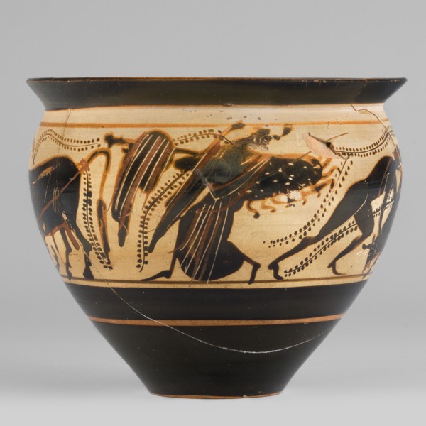 Black-figure skyphos with depictions of Athena and Heracles fighting the Cretan Bull, early 5th