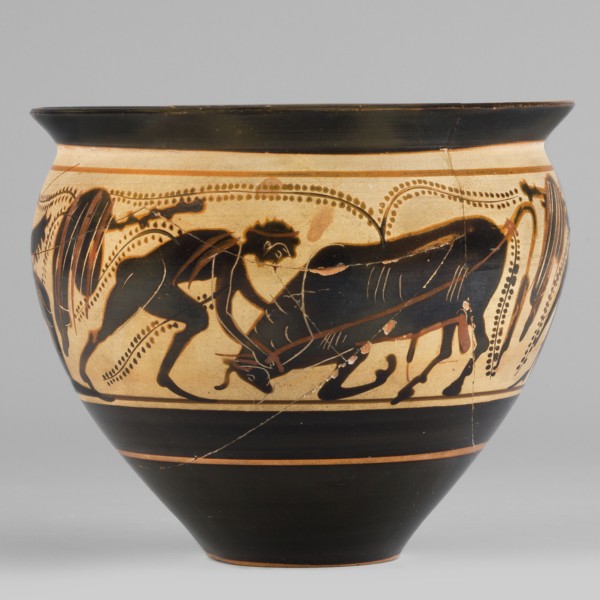 Black-figure skyphos with depictions of Athena and Heracles fighting the Cretan Bull, Heracles