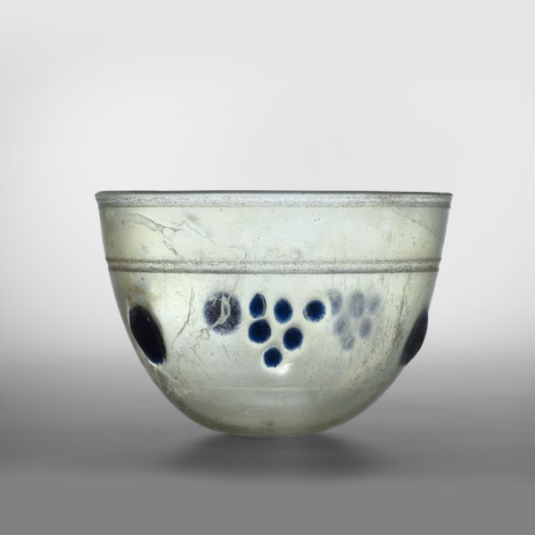 Bowl or lamp, hemispherical glass vessel, light green transparent glass, free-blown, decorated with