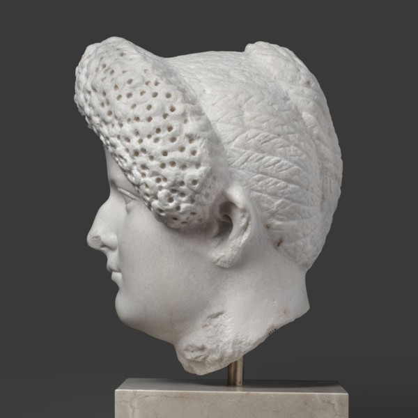 Portrait of a Roman woman, female portrait, Roman sculpture, hairstyle: head with a broad, round