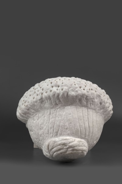 Portrait of a Roman woman, Head with a broad face and an elaborate hairstyle: hair twisted into