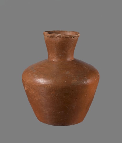 Jug, ceramics, Egyptian pottery. Medium-sized clay jug with a biconical body, widest at about half