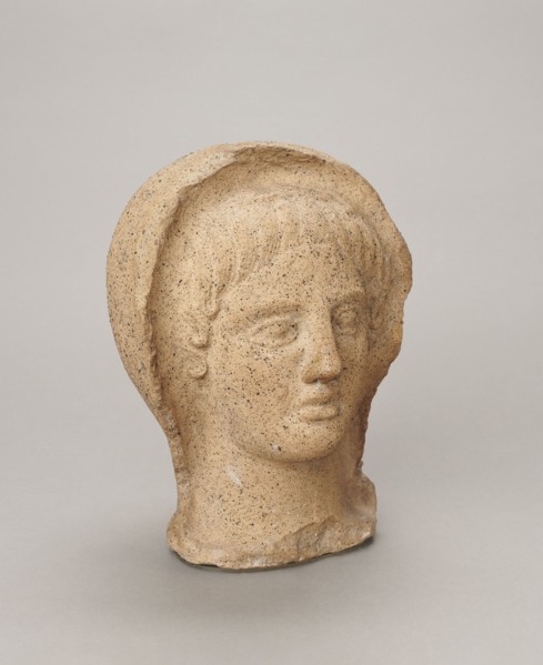 Votive head, Head of a young man covered with a shawl, from under which hair emerges in the form of