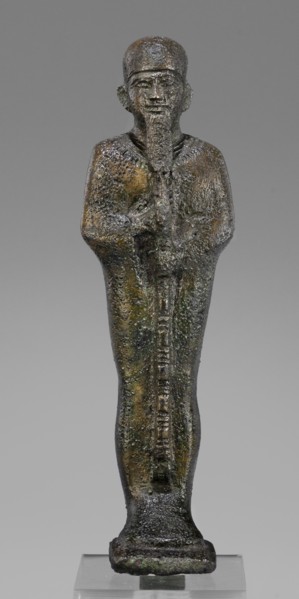 Figurine of the god Ptah; maker, restitution provenance; Ptah mythology; Egyptian deity; ankh and