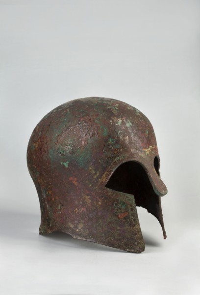 Corinthian-type helmet., Circa 600 BC previously dated 630–600 BC. Possibly Sparta or Mycenae