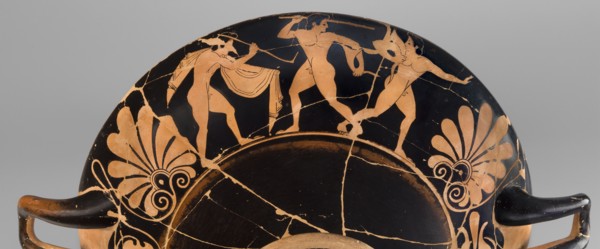 Kylix depicting youths at play, Thalia Painter 520–510 BC. A: three naked youths; B: two youths