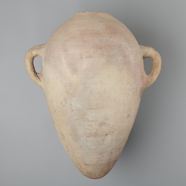 Large amphora with an ovoid shape and a rounded foot. Two small vertical vices placed on the body