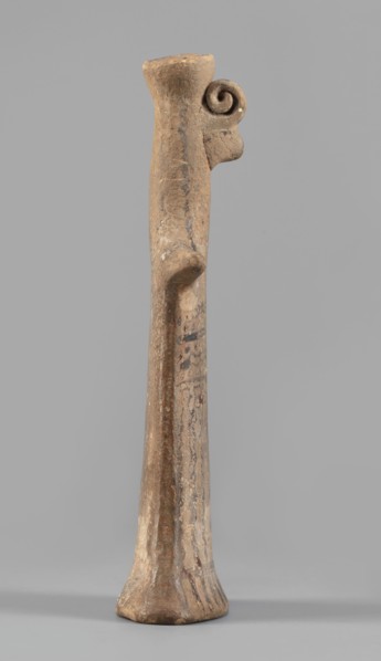 Idol, Female figurine, modeled flat, widens towards the bottom to create an oval base, concave