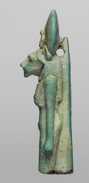 Figurine amulet of the goddess Sachmet lion-headed, possibly Bastet?, wearing a tripartite wig and