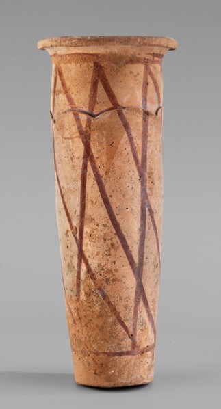 Cylindrical vessel with crosshatched decoration, painted and engraved ceramic, geometric motifs.
