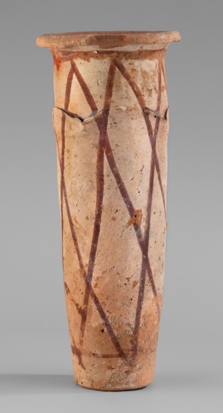 Cylindrical vessel with crosshatched decoration, painted vessels, Egyptian ceramics, engraved