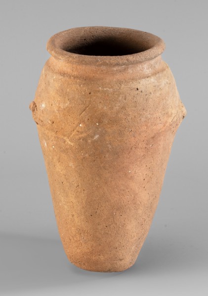 Vessel with wavy handles., Vessel with an elongated belly that widens towards the top. Short,