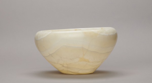 Bowl, stone vessel; large bowl with a small flat bottom, slightly flared side walls at the top bent