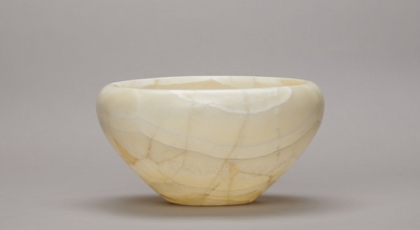 Bowl, stone vessel, large bowl with a small flat bottom, slightly flared side walls at the top bent