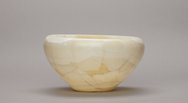 Bowl, large stone bowl with a small flat bottom, slightly flared side walls at the top bent inwards