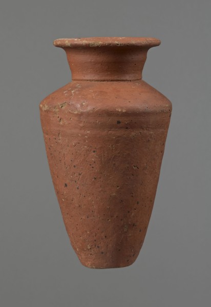 Vessel, Conical-shaped clay vessel, widest at approximately 3/4 of its height with quite wide,