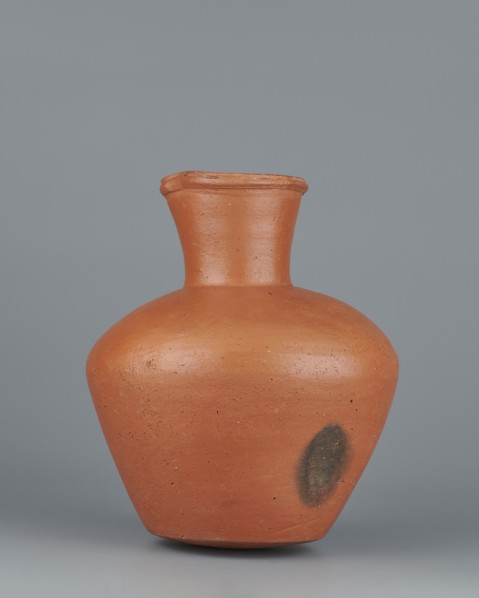 Jug, Medium-sized biconical clay jug with wide, sloping shoulders and a wide neck that is almost