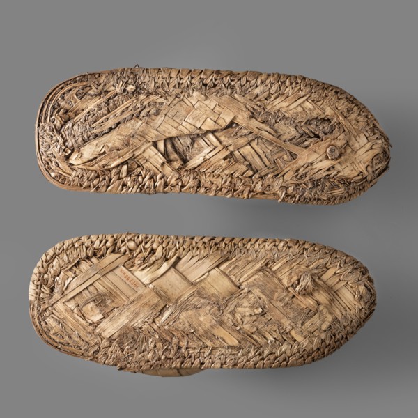 Sandals, pair of papyrus sandals made using the ribbon technique; edges finished with a