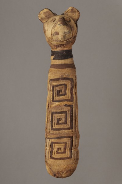 Cat mummy, Cat mummy decorated with a meander made of white and brown bandages. 30 BC–395 AD, Roman