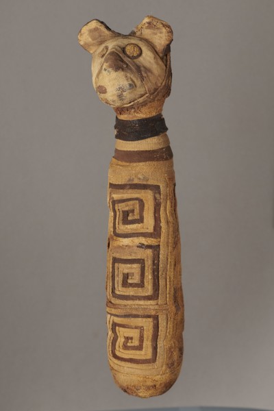 Cat mummy, cat mummy decorated with a meander made of white and brown bandages. 30 BC–395 AD, Roman