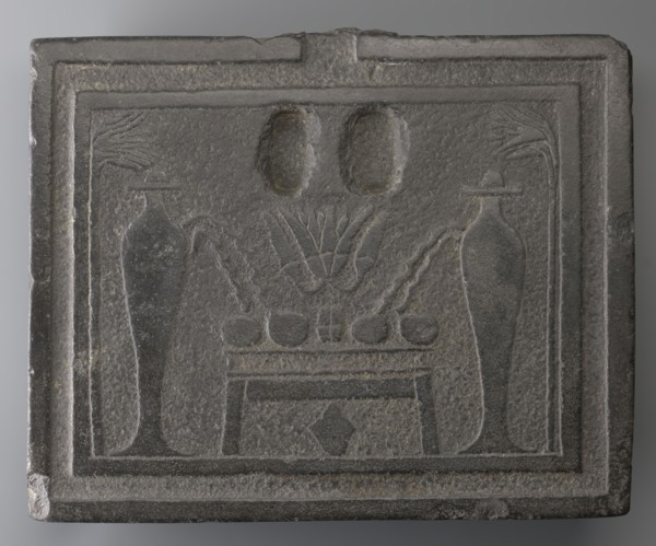 Offering table with carved offerings;, Offering table with offerings depicted: bread and two