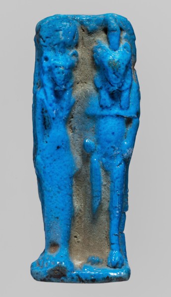 Amulet plaque with a relief representation of two deities: a lion-headed goddess in a long robe,