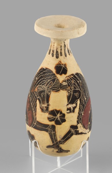 Orientalizing alabastron with depictions of horses, attributed to Corinth, c. 620–590 BC. Small