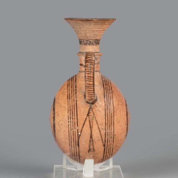Bottle;, Amphoriskos amphora with a round, slightly flattened flask-like belly. Brown-black