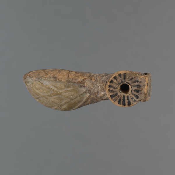 Foot-shaped aryballos, unknown Ionian workshop, aryballos, antique vessel, yellow-orange clay with