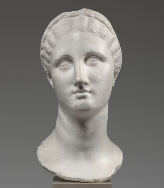 Head of a woman Berenice II or Arsinoe II, unknown creator; Greek sculpture, female portrait,