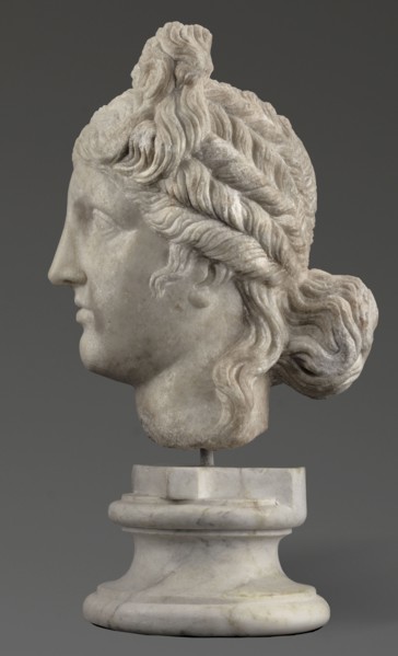 Head of the goddess Aphrodite;, Greek sculpture, female portrait; hair tied in a bow at the front,