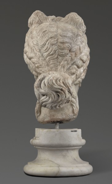 Head of the goddess Aphrodite; maker, Greek sculpture, female portrait; hair tied in a bow at the