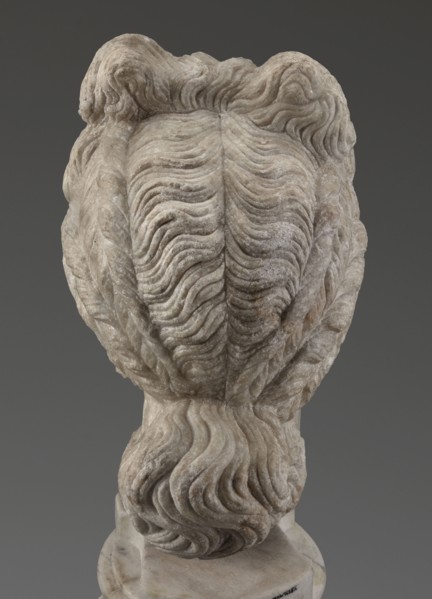 Head of the goddess Aphrodite, unknown creator; Greek sculpture, female portrait; hair tied in a