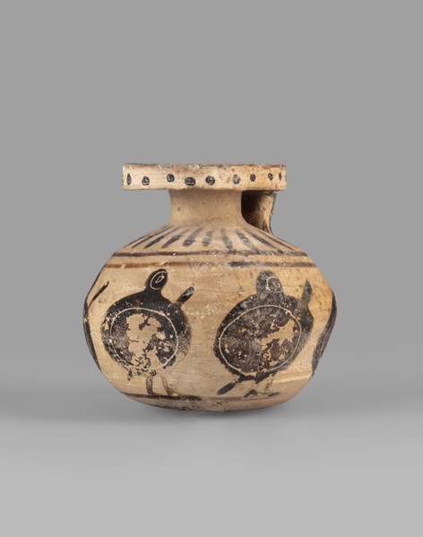 Aryballos with a depiction of warriors with shields, Middle Corinthian period, ca. 570 BC, Corinth;