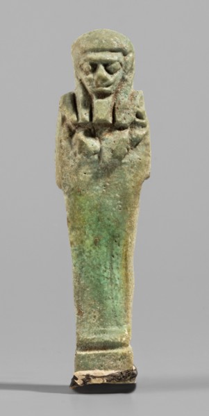 Ushabti, Mummy-shaped funerary figurine standing on a base, back supported by a pillar/pilaster.