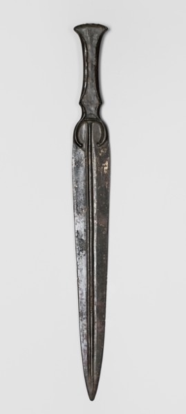 Dagger, unknown Luristan workshop. A dagger with a blade cast together with a mushroom-shaped hilt,